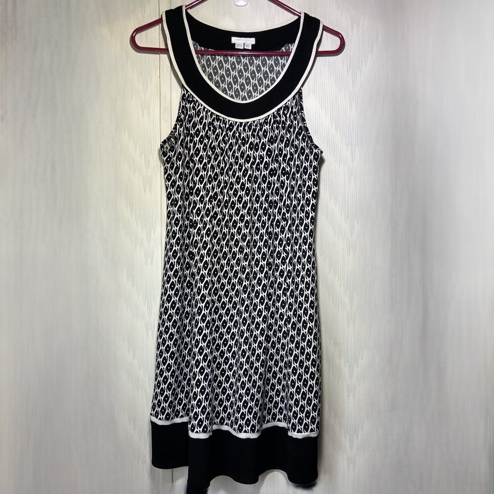 London Times Blk/Wht Geometric Sleeveless Midi Blk/Wht Trim Neck & Hem Size 14